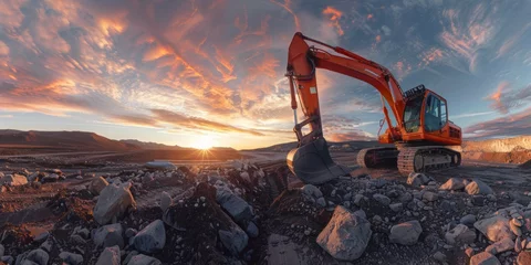 Foto op Canvas A large orange excavator is digging into a rocky field © top images
