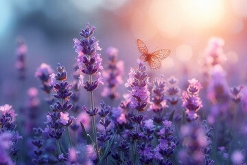 A butterfly is flying in a field of purple flowers