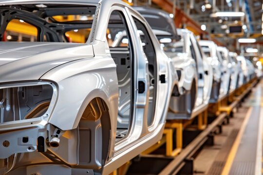 A line of cars are being built in a factory