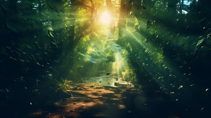 A green forest, the sun shines through the leaves, forming a colorful shadow, Forest Illsutration