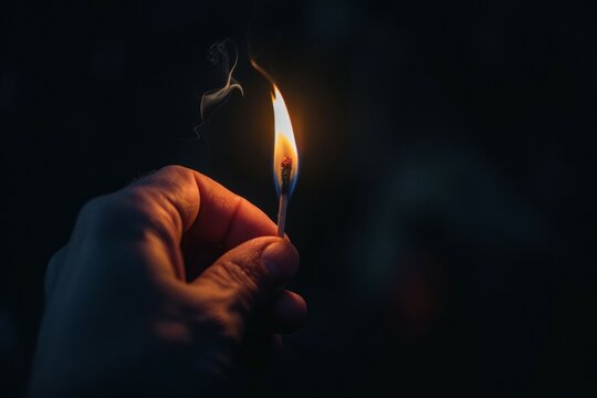 A hand holding a matchstick with a lit flame