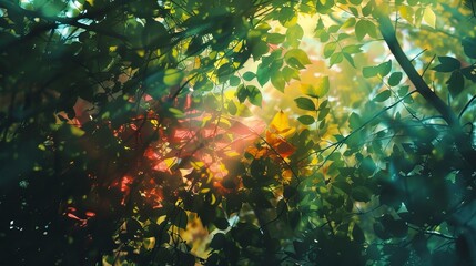 Fototapeta na wymiar A green forest, the sun shines through the leaves, forming a colorful shadow, Forest Illsutration