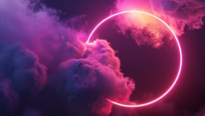 An otherworldly vision of clouds bathed in the light of a neon crescent, merging fantasy with digital art.