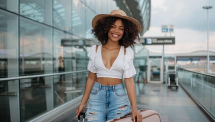 A woman with a sun hat is walking through the airport with a suitcase. She is wearing shorts and sunglasses, smiling under the sunny sky - obrazy, fototapety, plakaty