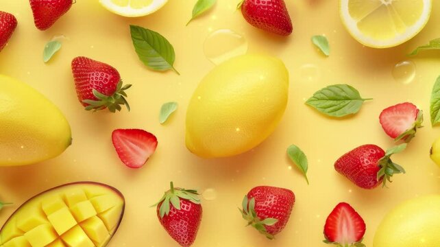 Summer background made of fruits and space area, food summer, food concept. Healthy food background. Frame Fruits Background. Healthy eating ingredients: fresh fruits. Nutrition, diet, healthy food.