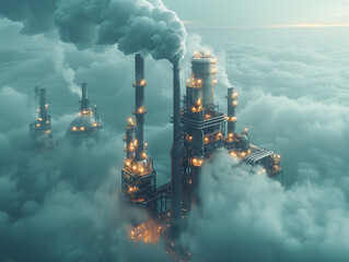 Clean energy advancement in greenhouse gas strategy, pastel palette, nadir view, style cyan and golden, cinematic light