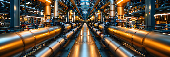 The Vital Network of Pipes in a Factory for Streamlining Processes,
Steel pipelines and cables in factory interior as nuclear industry background  - obrazy, fototapety, plakaty