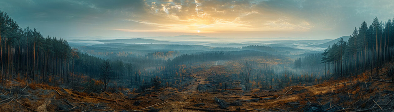 Aerial view captures the vast expanse of a deforested area, where the stark contrast between the remaining green patches and cleared land highlights the impact of logging