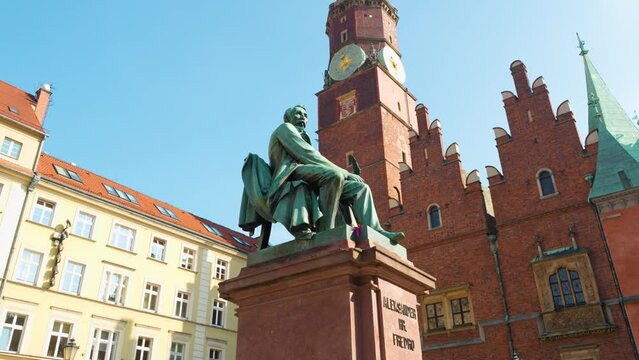 The Aleksander Fredro Monument in Wrocław. Is a bronze statue dedicated to Polish Romantic-era poet, playwright and author Aleksander Fredro (1793&ndash;1876).