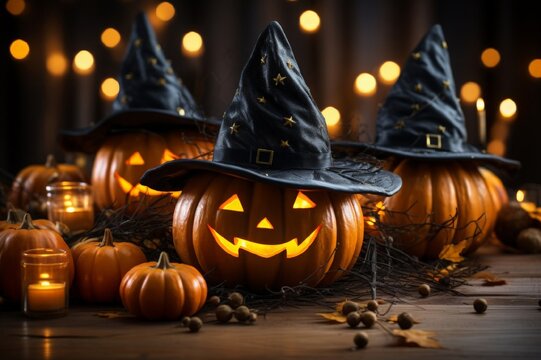 Charming pumpkins in witch hats on the background of lighted candles. The concept of celebrating  Halloween. A horizontal banner with space for text.