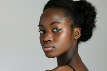 A woman with a dark complexion and a bun on her head - obrazy, fototapety, plakaty