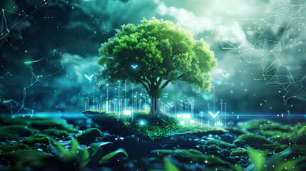 A green forest with a tree in the center. The tree is surrounded by a circle of green leaves