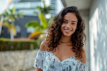 A woman with curly hair is smiling and wearing a blue dress