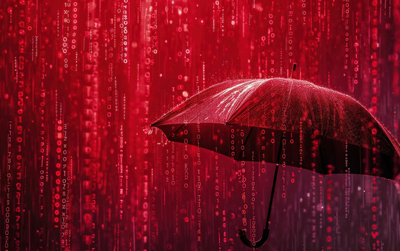 Digital Rain Protection Umbrella with Binary Code on Red Background in the Rain