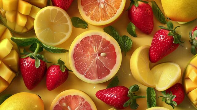 Summer background made of fruits and space area, food summer, food concept. Healthy food background. Frame Fruits Background. Healthy eating ingredients: fresh fruits. Nutrition, diet, healthy food.