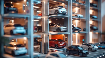 Fototapeta na wymiar : Apartments with an automated parking system, showing miniature robots and machines installing the technology 