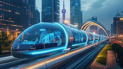 : Imagine a hub that integrates various forms of futuristic transport, including hyperloops, drone...