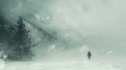 A figure trudges through a blizzard hunched against the biting cold with only the faint outlines of trees and mountains visible through the blinding snow.