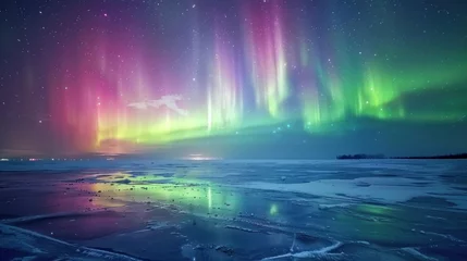 Fotobehang A breathtaking aurora borealis display over a vast, frozen lake. The ice reflects the vibrant colors of the sky, with shades of green, purple, and blue dancing  © Alex