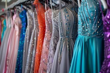 A row of day dresses in electric blue and magenta hues, showcasing different sleeve styles, patterns, and onepiece garment designs on clothes hangers in a retail store