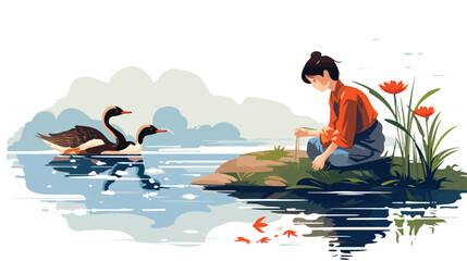 Ukiyo-e art a young boy and a duck at the pond flat