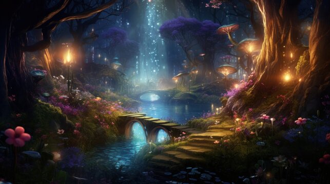 Enchanted forest scenery with magical glowing lights and bridge. Fantasy and adventure