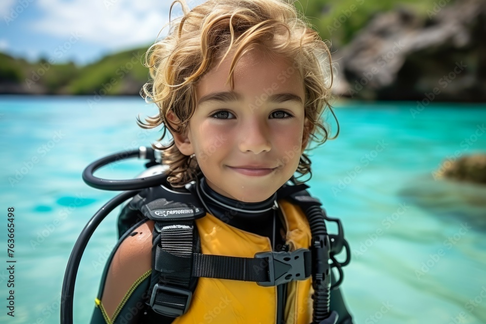 Poster child at diving lessons. background with selective focus and copy space