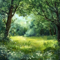 Fototapeta na wymiar Beautiful green summer forest. Spring background, backdrop. Forest Illsutration 