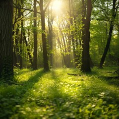 Beautiful green summer forest. Spring background, backdrop. Forest Illsutration

