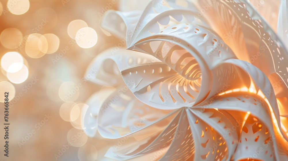 Poster a detailed view of a paper lantern inspired by the elegant shape of a seashell with intricate paper 