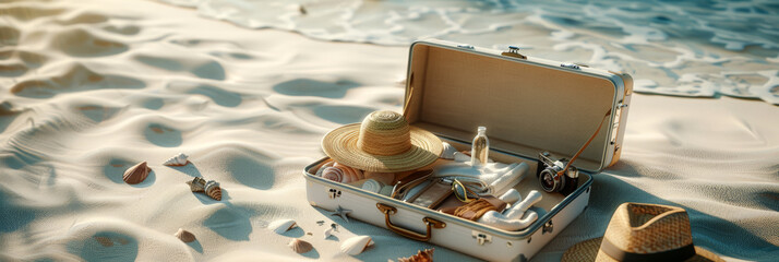 A suitcase, a sun hat and a camera against the background of the sea surf. Beautiful tropical beach with sunrise sky. Horizontal vacation travel banner with place for text. - obrazy, fototapety, plakaty