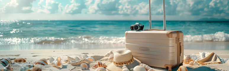 A suitcase, a sun hat and a camera against the background of the sea surf. Beautiful tropical beach with sunrise sky. Horizontal vacation travel banner with place for text. - obrazy, fototapety, plakaty