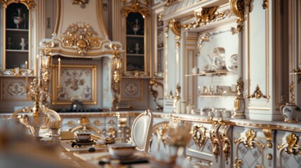 a fancy and luxurious kitchen with lots of furniture, in the style of 32k uhd, rococo decadence, decorative arts, Empire style kitchen, a high quality