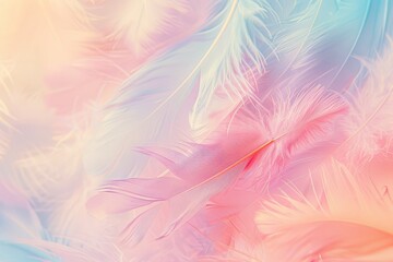 Fototapeta na wymiar Soft feathers in delicate pastel hues float ethereally against a dreamy, abstract backdrop.