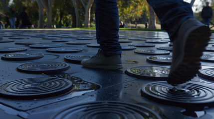 A detailed shot of a persons feet as they step on various pressuresensitive pads on the ground. Each pad produces a unique sound and the person creates a rhythm by dancing