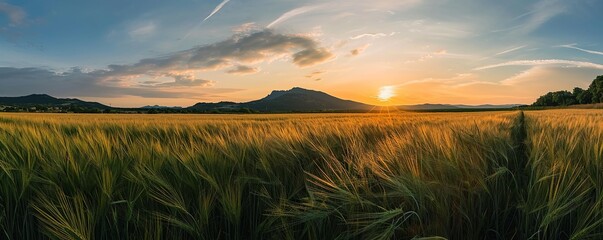 View of wheat farm field at sunset in summer.