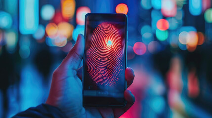 Cybersecurity system undergoing fingerprint verification, emphasizing the importance of advanced technology in ensuring digital security and data privacy - obrazy, fototapety, plakaty