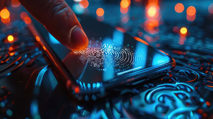 Cybersecurity system undergoing fingerprint verification, emphasizing the importance of advanced technology in ensuring digital security and data privacy