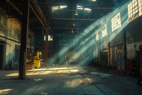 Abandoned industrial hall with radiant sunbeams - Deserted warehouse interior bathed in sunlight streaming through windows creating a moody atmosphere