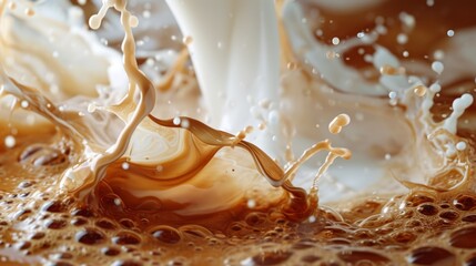 Detail of milk mixing in coffee drink, flat texture. Fresh beverages background