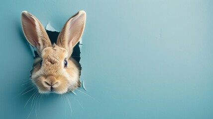 Bunny peeking through a torn blue paper - Charming brown rabbit head popping out from a neatly ripped hole in a pastel blue paper, creating a cute peekaboo effect