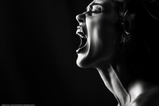 Black and white image of a screaming woman - High contrast monochrome photo captures the intense emotion of a woman mid-scream