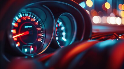 speedometer of a modern car shows a high driving speed.