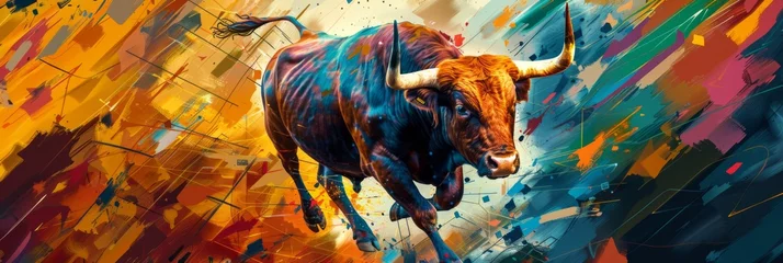 Muurstickers Dynamic bull in colorful abstract art style - This image captures a powerful bull in motion, portrayed in a vivid and energetic abstract art style, symbolizing strength and the unpredictable © Tida