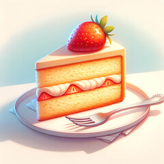 美味しそうないちごのショートケーキのイラスト。皿にカットされたショートケーキとフォークが置かれている