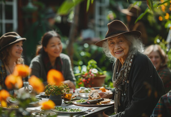 A joyful senior grandmother sits surrounded by her family at an outdoor dinner table. Celebrates the importance of family bonds and intergenerational connections. Generative AI.