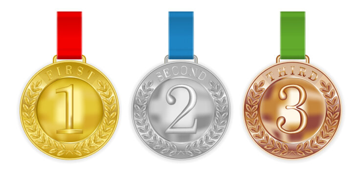 Gold, silver, bronze, medals with place numbers on a white background. Realistic vector illustration