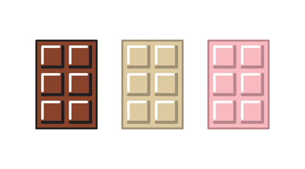 Dark, milk and strawberry chocolate bar set. Unwrapped square pieces of different chocolate. Cocoa organic product vector illustration. 