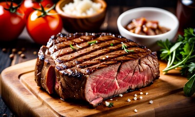 grilled beef steak, medium rare steak on wooden board, selected focus