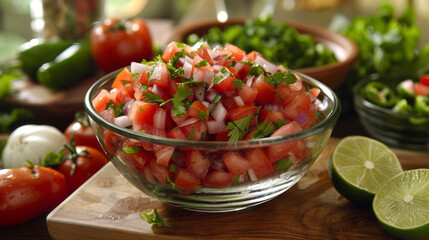 A glass bowl filled with a colorful assortment of freshly chopped vegetables, including carrots, bell peppers, cucumbers, and tomatoes.